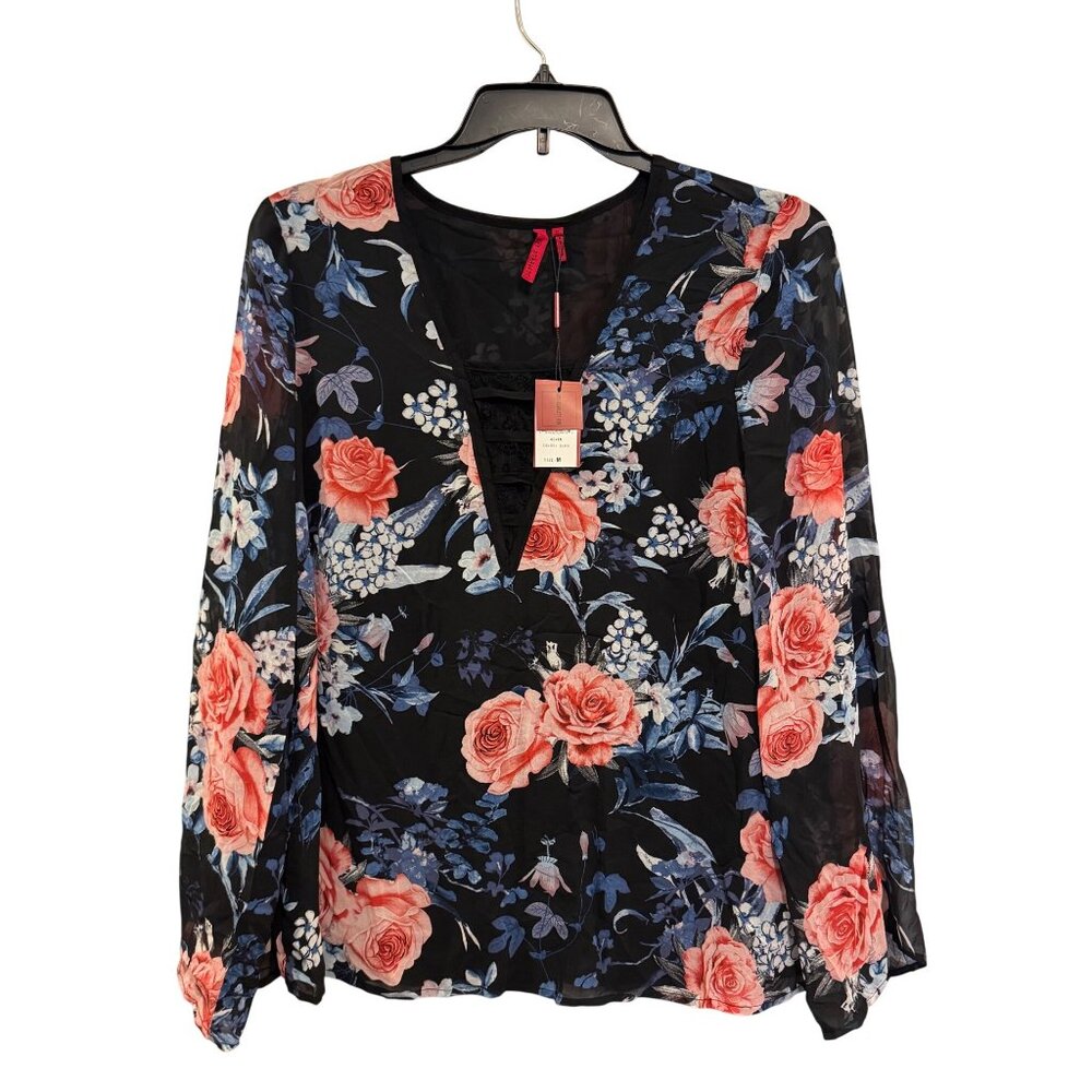 Love Scarlett Floral Black Long Sleeve V-Neck Blouse Size M